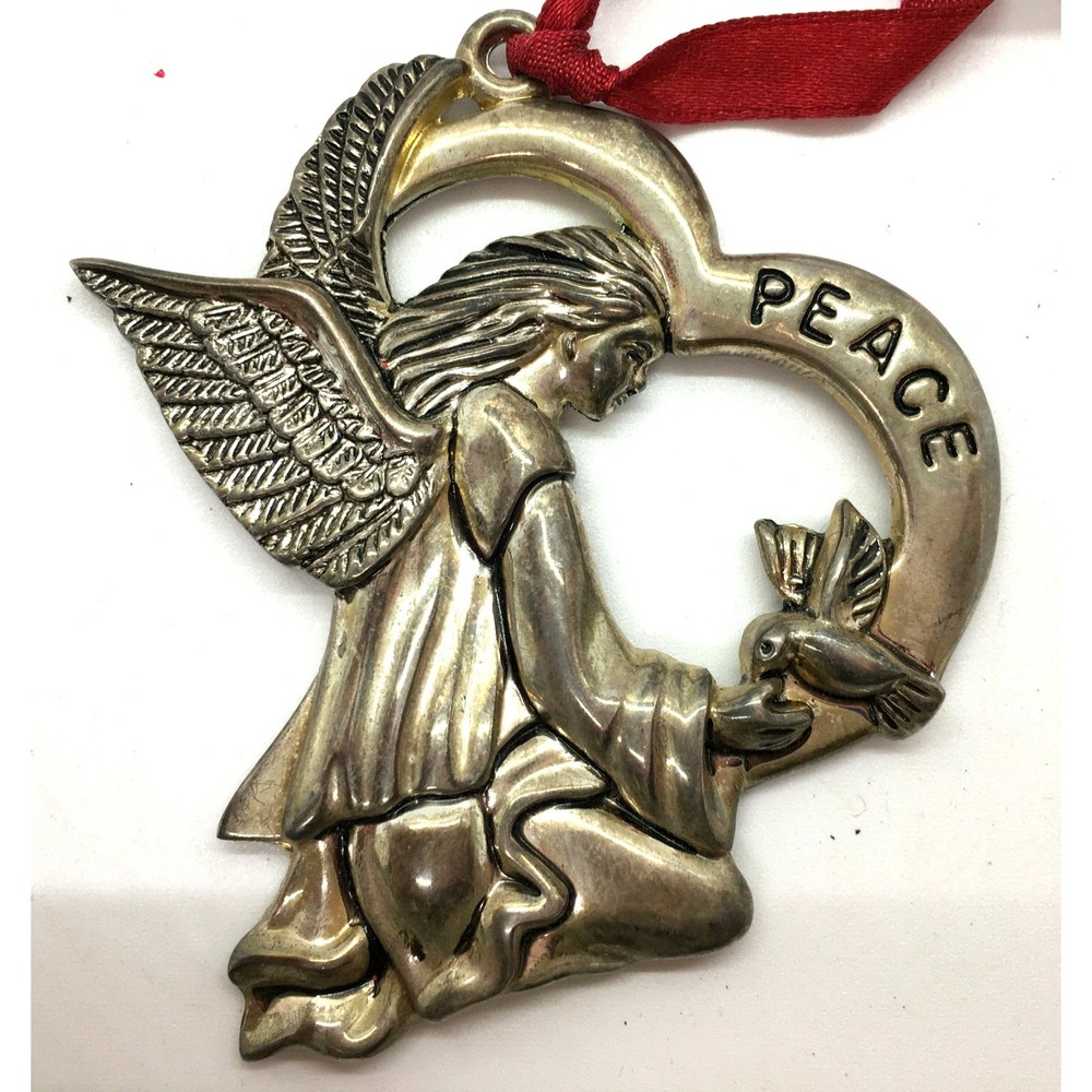 Vintage Gorham Silver Plate Christmas Tree Ornament Angel Heart Dove PEACE 2.75"